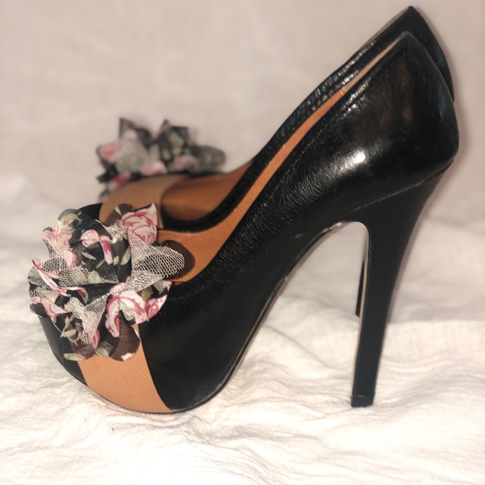 Black Leather Peep toe heels